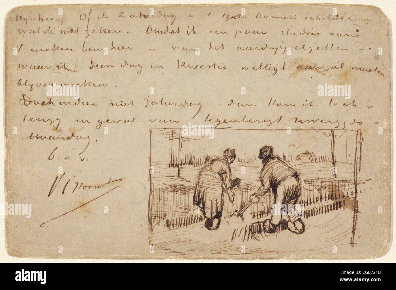 Titolo: Cartolina con due contadini Digging Creator: Vincent van Gogh Data: 1885 Medium: Penna e inchiostro marrone su una cartolina dimensioni: 9.1 x 13.8 cm Ubicazione: National Gallery of Art, Washington Foto Stock