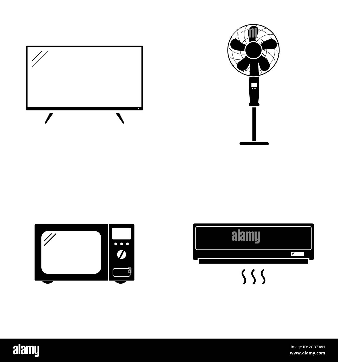 Set di icone per elettrodomestici. Smart TV, ventola, microonde e aria condizionata isolati su sfondo bianco. Illustrazione vettoriale. Illustrazione Vettoriale