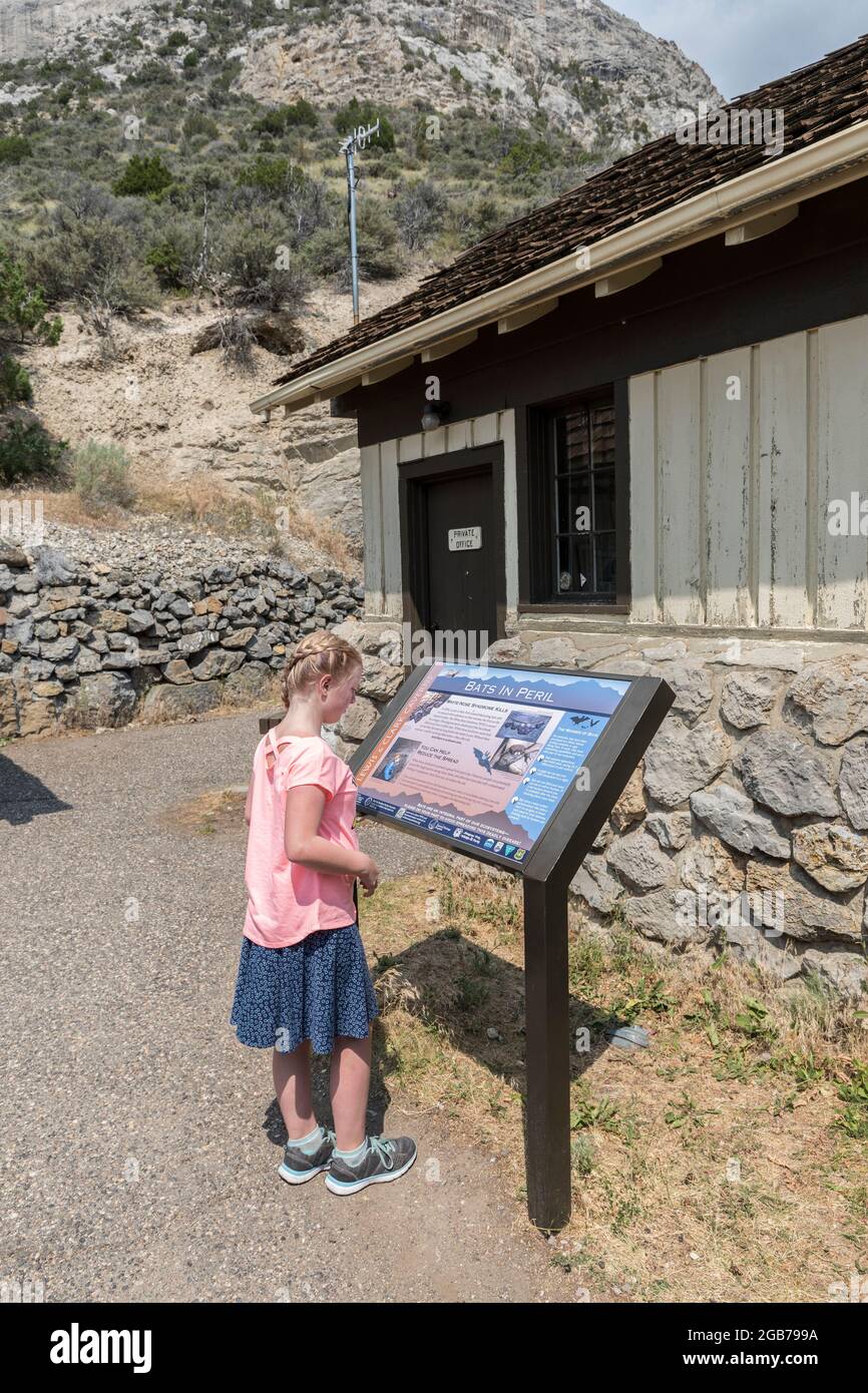 Ragazza che legge informazioni segno circa pipistrelli in pericolo a Lewis e Clarke Caverns, Montana, Stati Uniti Foto Stock