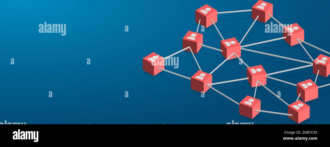 Concetto di lavoro di squadra, di rete e di comunità con cubi rossi interconnessi su sfondo blu. Illustrazione Vettoriale