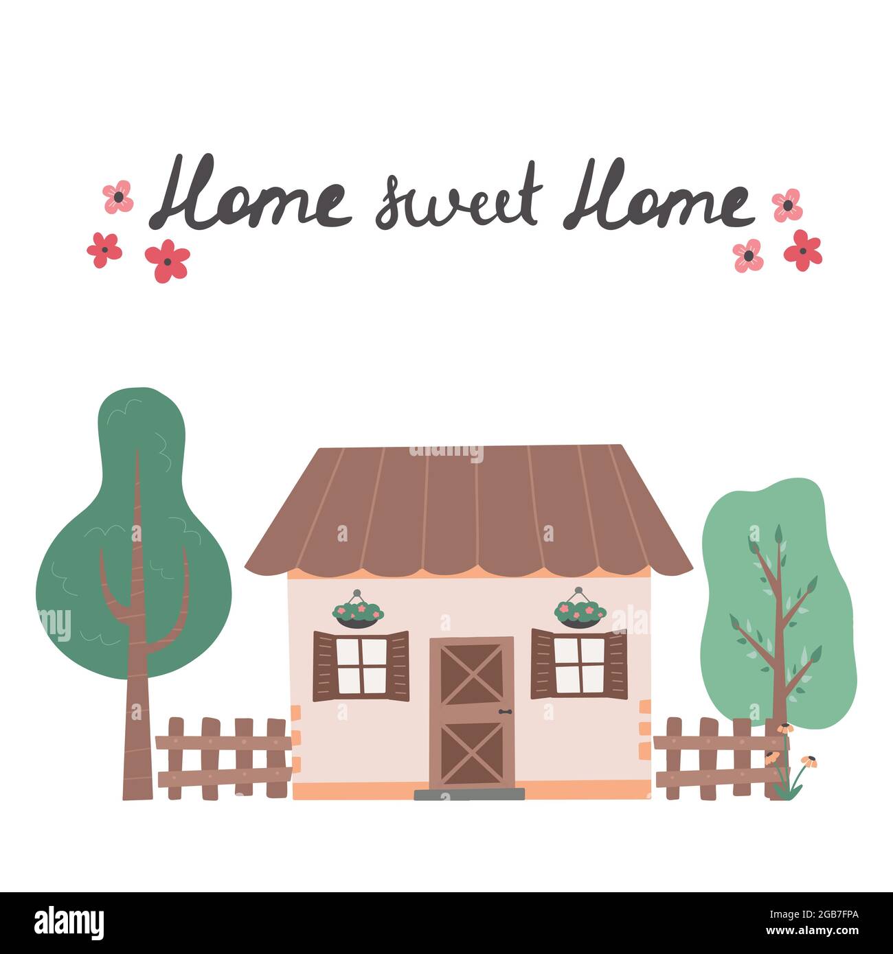 Scritta dolce casa con cute casa disegnata a mano illustrazione vettoriale trendy con case colorate. Illustrazione Vettoriale