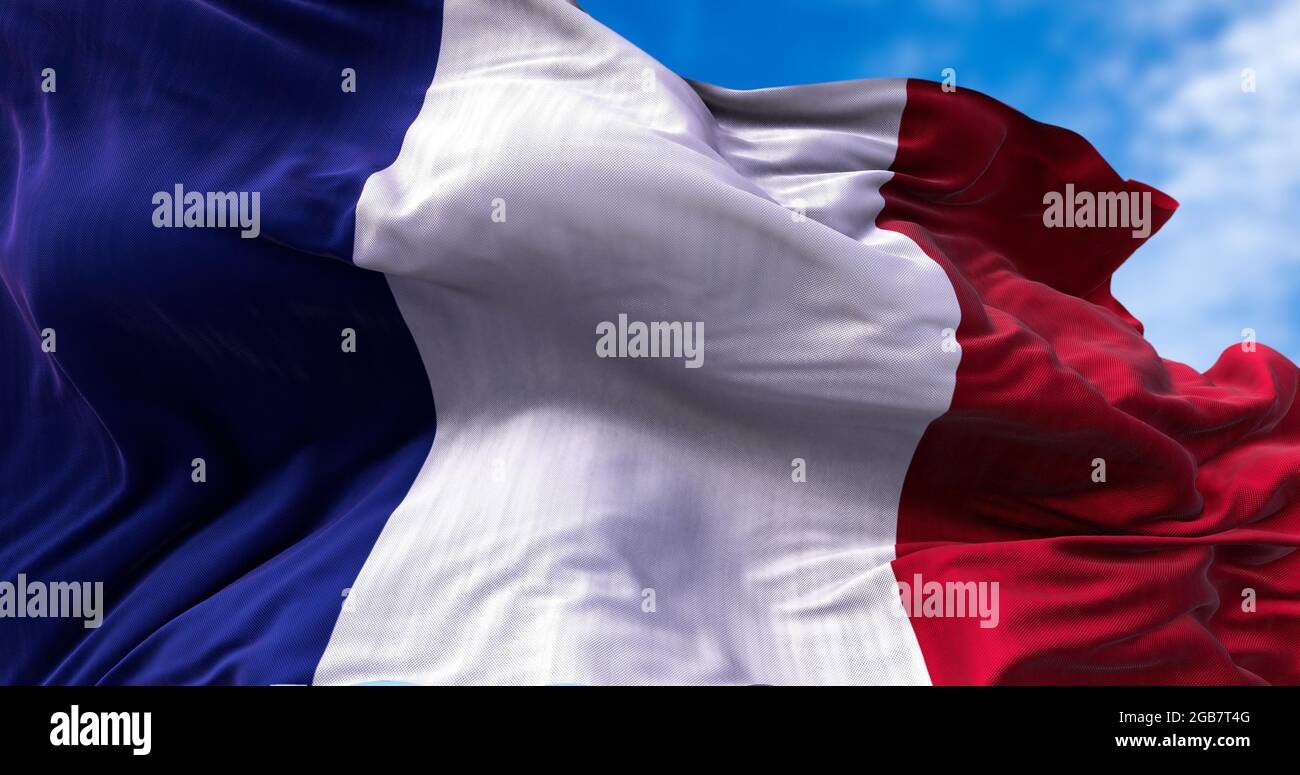 Particolare della bandiera nazionale della Francia che batte nel vento. Democrazia e politica. Paese europeo. Foto Stock