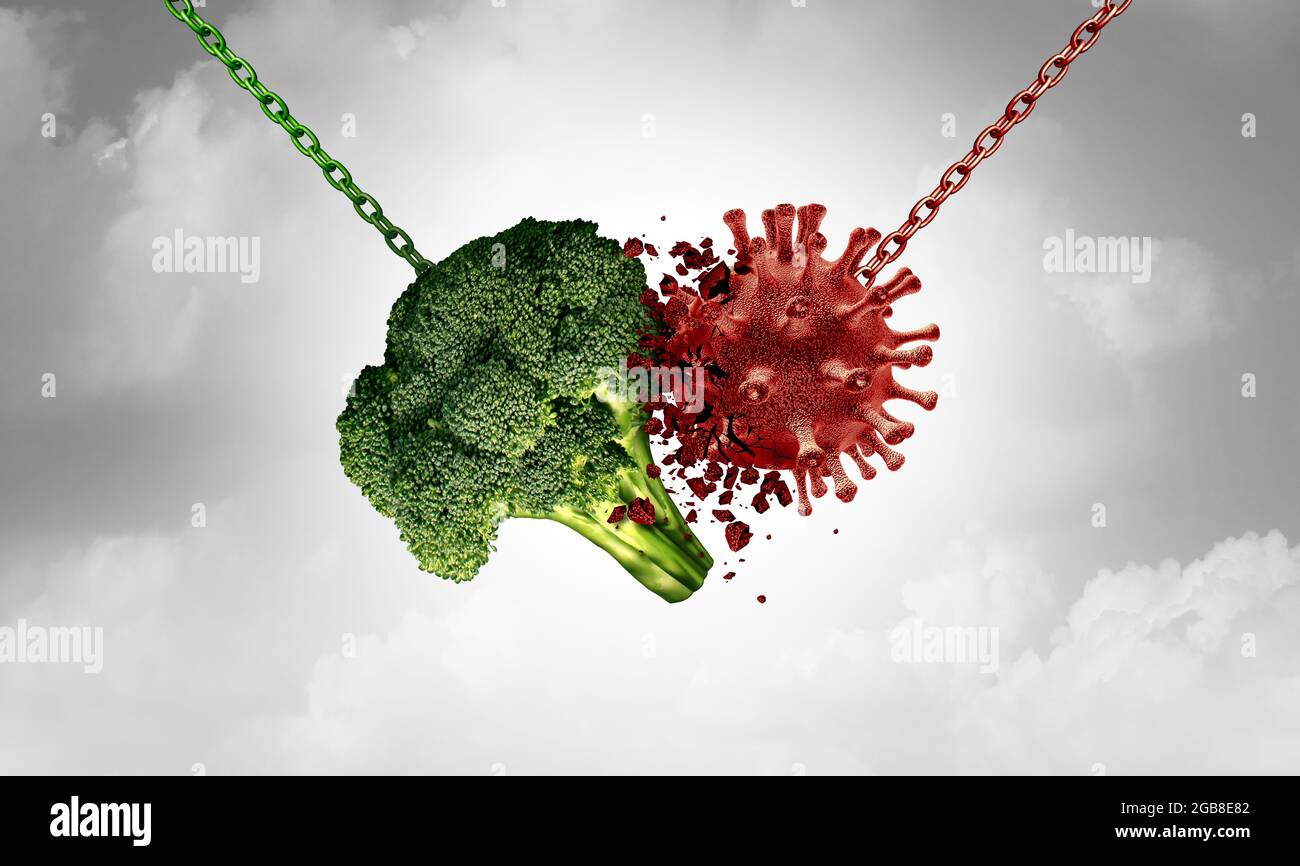 Salute cibo e malattie combattere gli alimenti concetto di nutrizione con un vegetale di broccoli sano distruggendo una cellula virale come metafora sanitaria per una misura Foto Stock