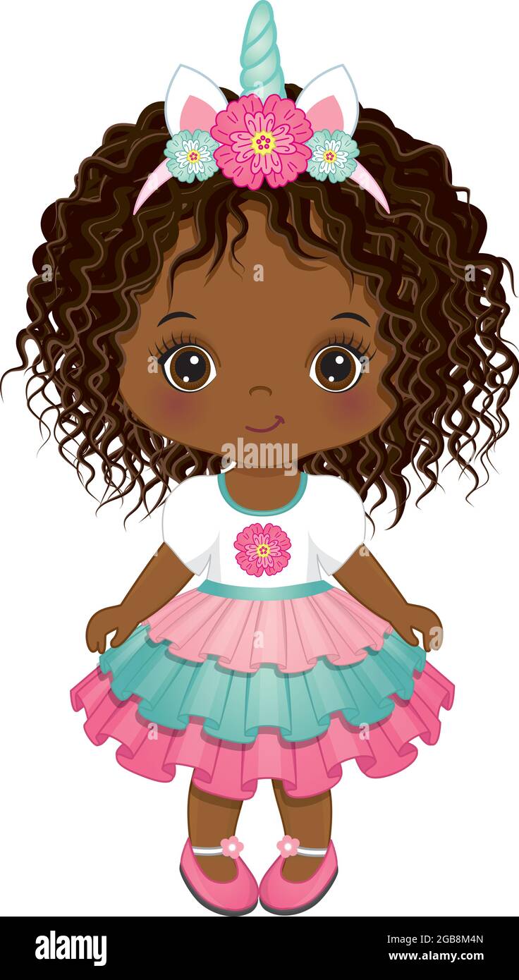 Carino ragazza unicorno Africana americana Baby che indossa abito con volant e corno con fiori. Ragazza del bambino unicorno del vettore Illustrazione Vettoriale