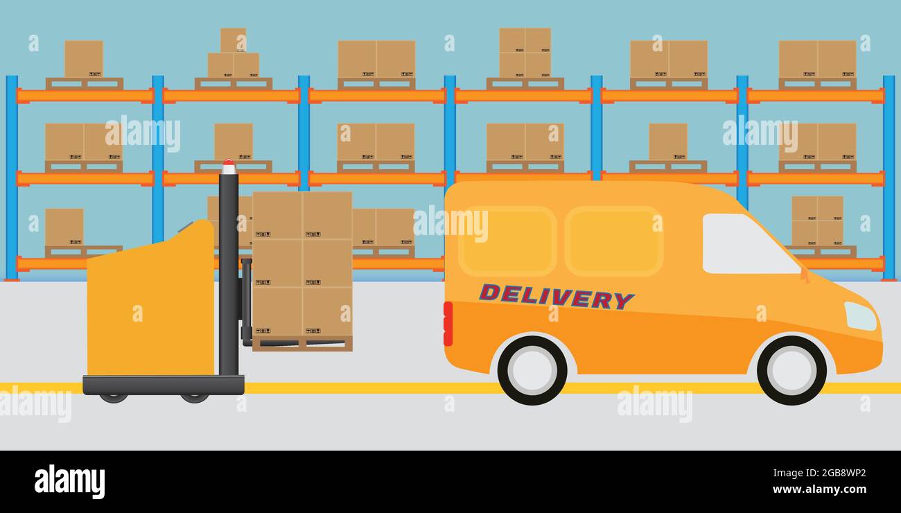 Interno di un moderno magazzino logistico. AGV Automated Guided Vehicles carrelli elevatori a forche per il carico di merci al carrello di consegna. Disegno vettoriale e di illustrazione. Illustrazione Vettoriale