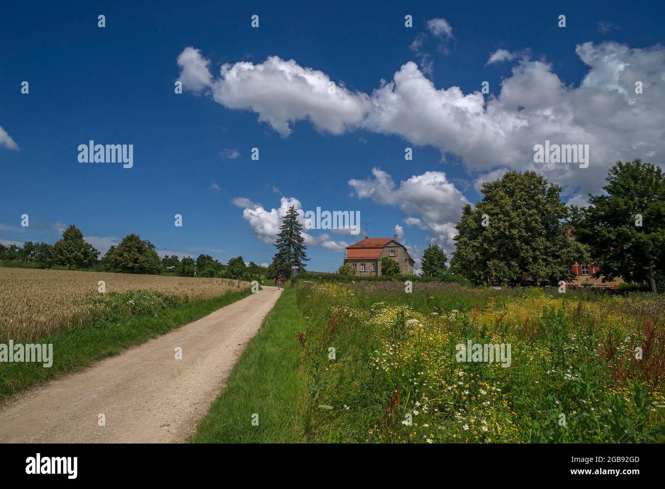 Buehwiesem, nella parte posteriore ex scuole elementari, oggi sala della comunità, Beerbach, Franconia centrale, Baviera, Germania Foto Stock