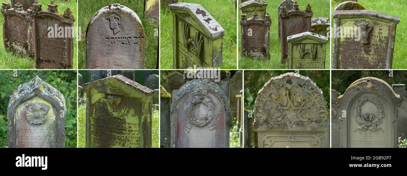 Simboli ebraici sulle lapidi, il più antico cimitero ebraico nel sud di Baden, Schmieheim, Baden-Wuerttemberg, Germania Foto Stock