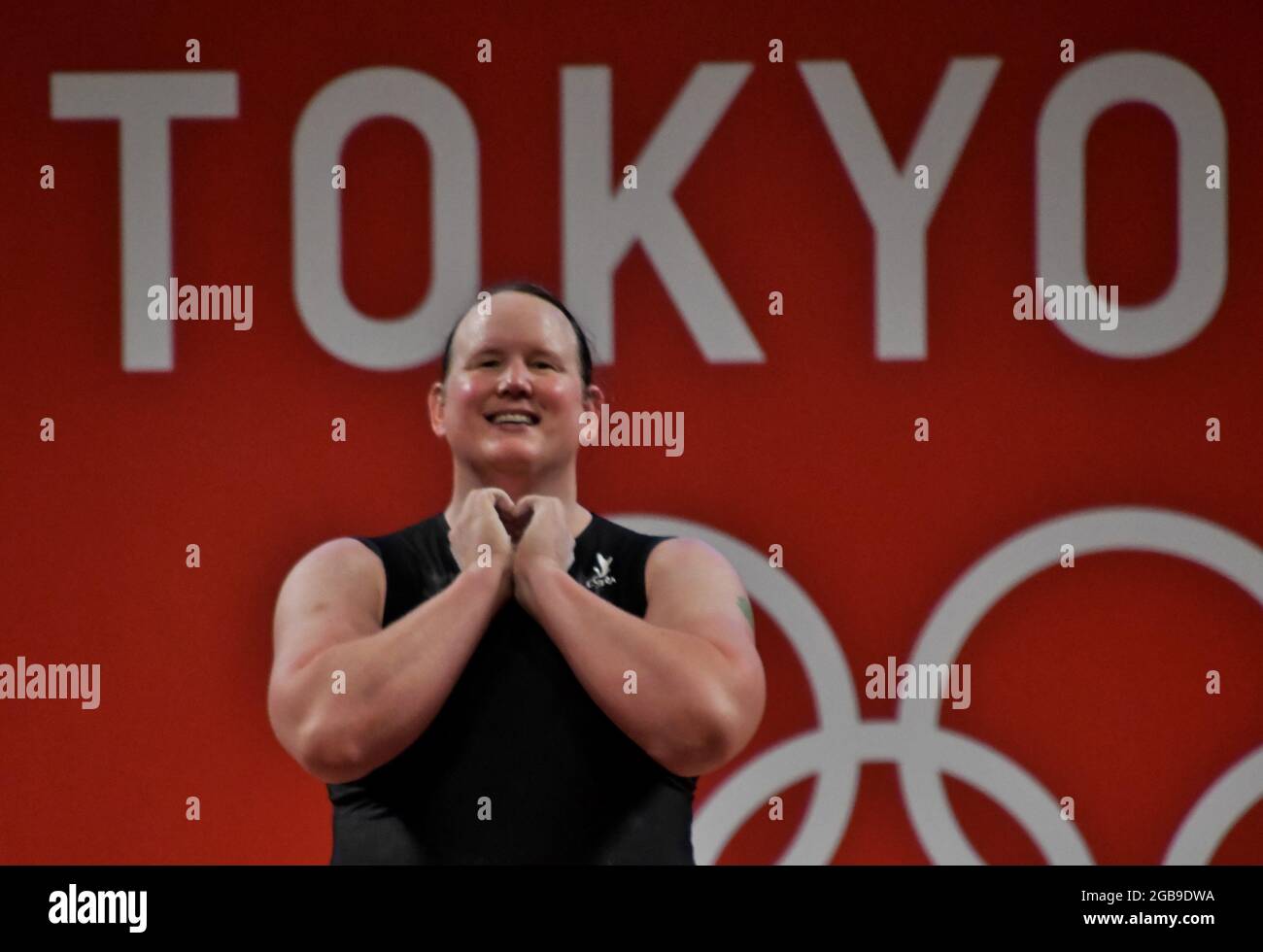 Tokyo, Giappone. 02 agosto 2021. Il Laurel Hubbard della Nuova Zelanda compete durante le Olimpiadi di Tokyo il sollevamento pesi delle donne di 87kg al Forum Internazionale di Tokyo, Giappone, lunedì 2 agosto 2021. Hubbard divenne la prima donna transgender ​out a competere alle Olimpiadi. Foto di Keizo Mori/UPI Credit: UPI/Alamy Live News Foto Stock