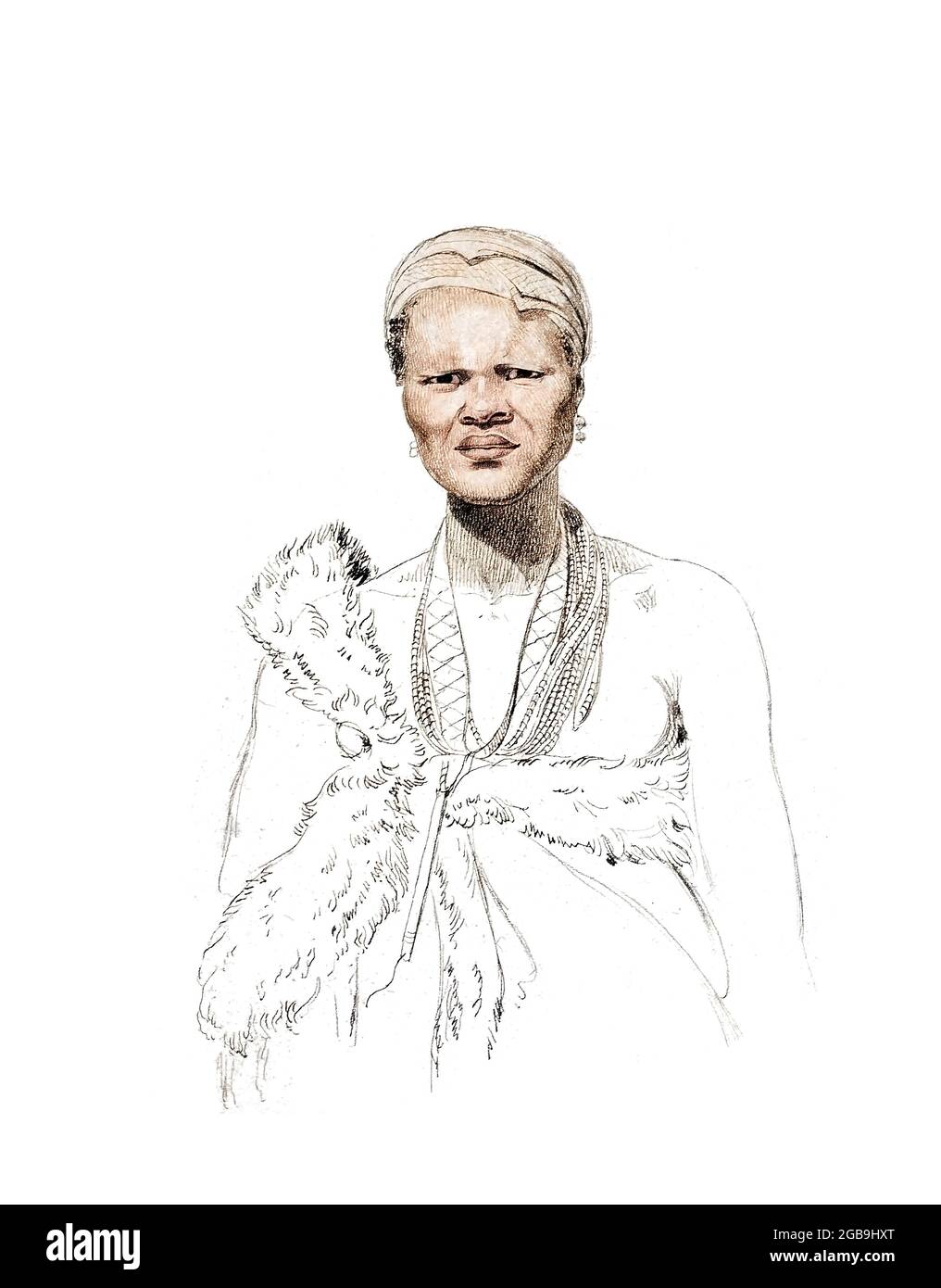 Femmina Hottentot [Hottentot è un termine che è stato storicamente usato per riferirsi ai Khoikhoi, i pastori nomadi non-Bantu indigeni del Sudafrica.] dai disegni del libro che rappresentano le tribù, gli animali e lo scenario nativi dell'Africa meridionale : Dai disegni del compianto Samuel Daniell, di Daniell, Samuel, 1775-1811; Daniell, William, 1769-1837; Barrow, John, Sir, 1764-1848; Somerville, William, 1771-1860; stampato da Richard e Arthur Taylor : pubblicato da William Daniell, e William Wood, Londra, 1820 Foto Stock