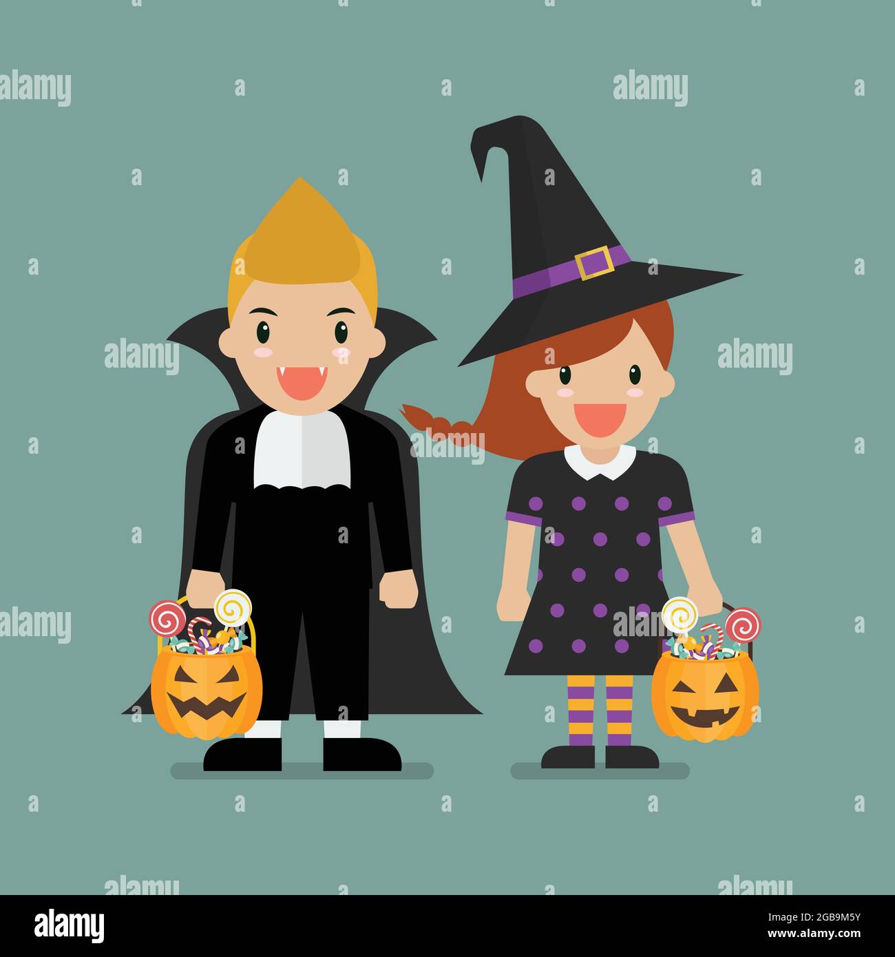 Bambini con cesto di zucca vestito con costumi di Halloween. Festa di Halloween. Illustrazione vettoriale Illustrazione Vettoriale