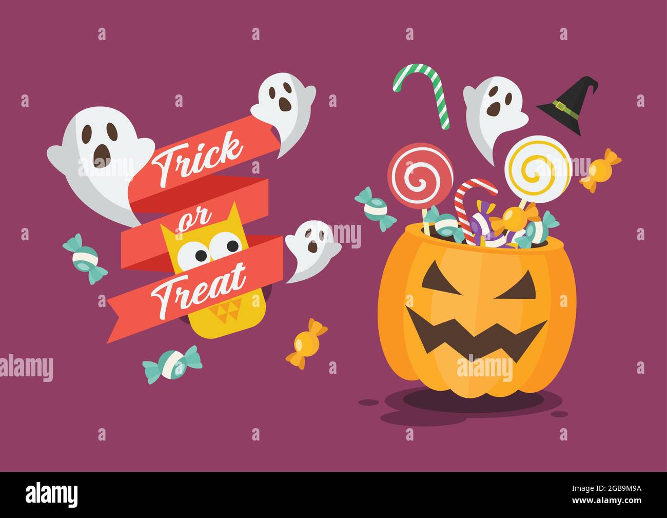 Trucco o trattare Poster con Halloween cestino di zucca. Illustrazione vettoriale di stile piatto. Illustrazione Vettoriale