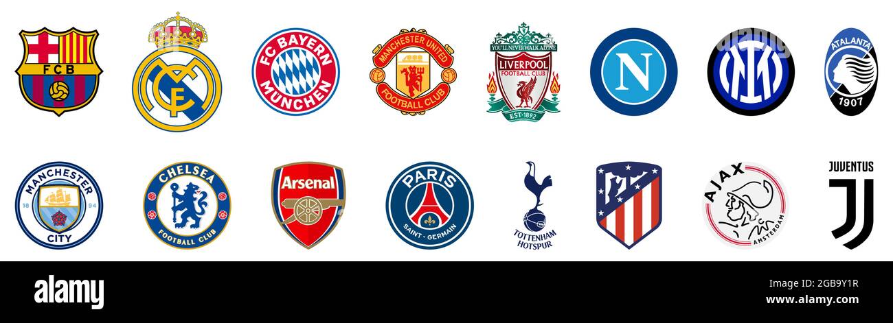 Vinnytsia, Ucraina - 2 agosto 2021. Popolari club di calcio nel mondo nel 2021. FC Barcelona, Real Madrid CF, Bayern Monaco, Manchester United, Live Illustrazione Vettoriale