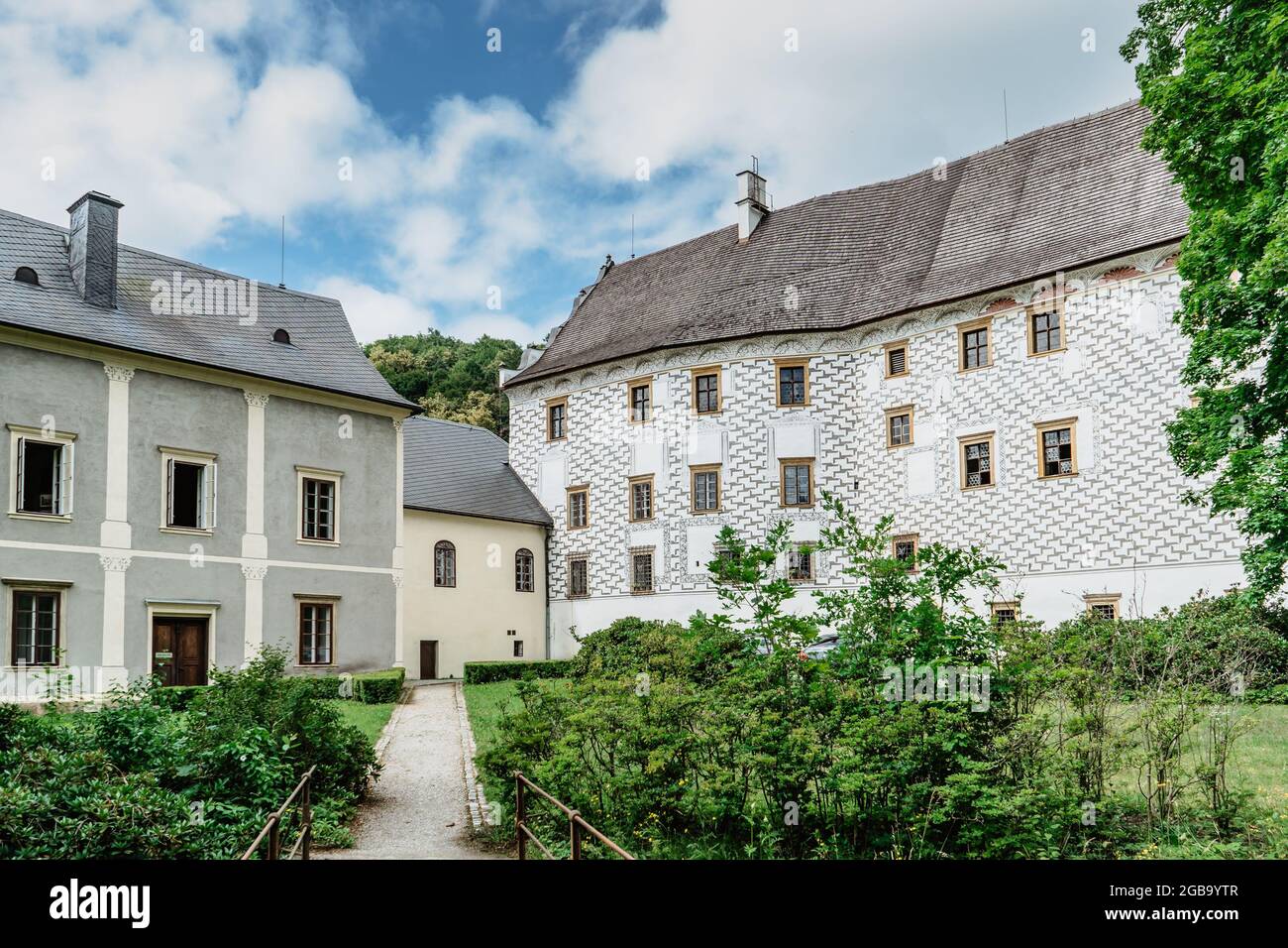 VELKE Losiny Castello nella città termale ceca, Boemia orientale, Jesenky Montagne, Repubblica Ceca. Romantico castello rinascimentale con decorazione a graffito Foto Stock