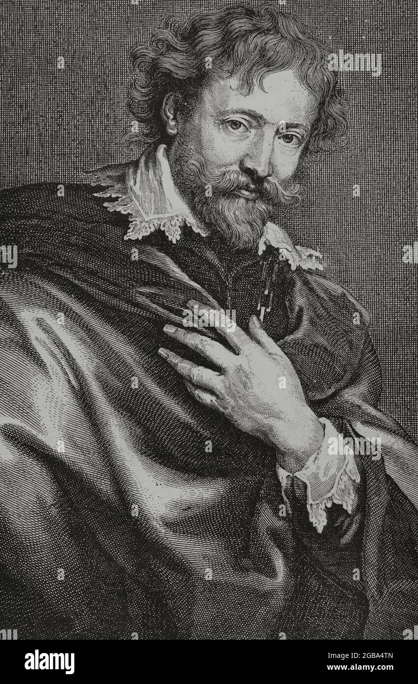 Peter Paul Rubens (1577-1640). Pittore barocco della scuola fiamminga. Ritratto di van Dyck. Incisione dopo un attacco di Pontius. Incisione. La Ilustración Española y americana, 15 dicembre 1882. Foto Stock