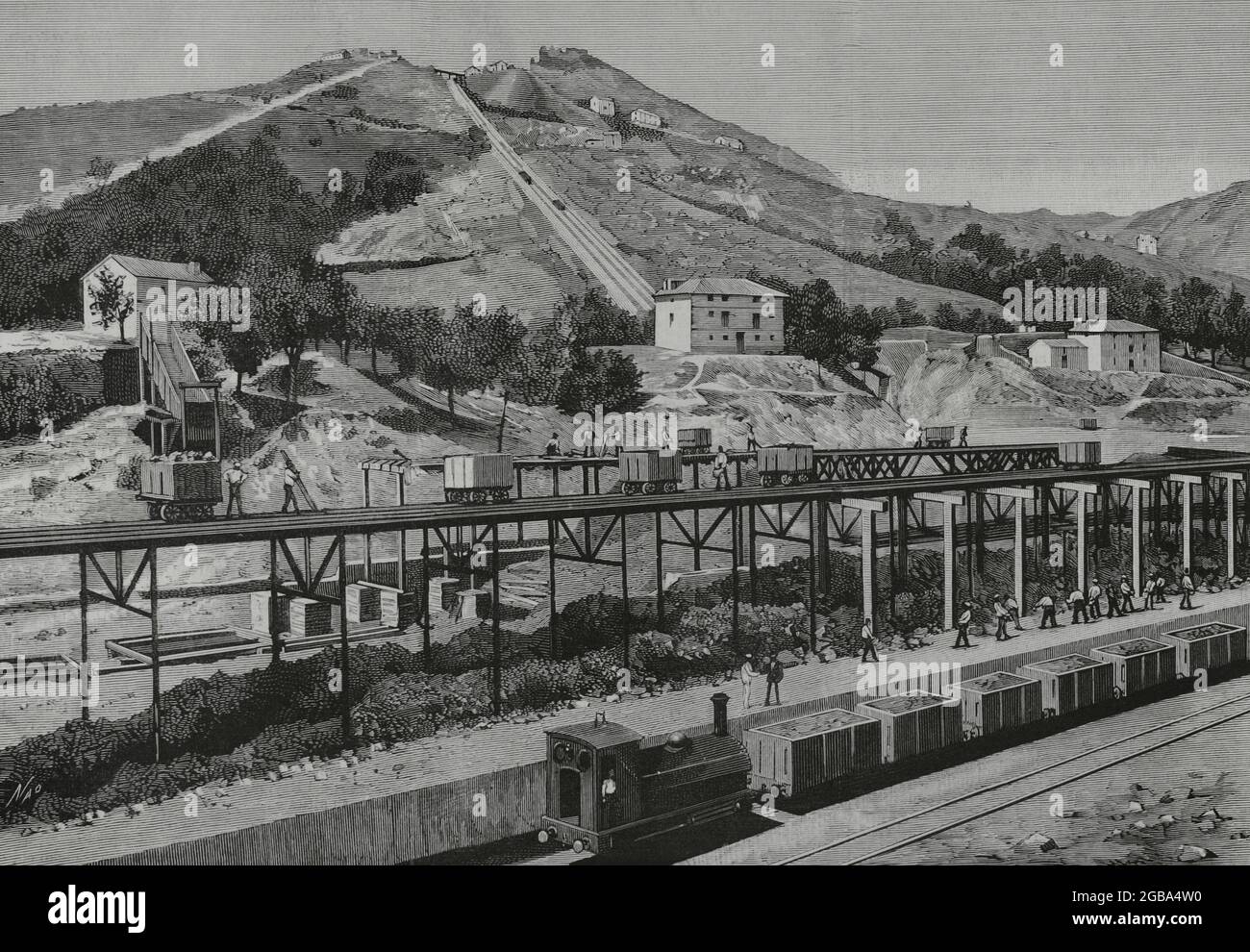 Spagna, Paesi Baschi, Biscaglia. Industria mineraria. Miniere di Somorrostro. Piano inclinato numero 1 del Monte Cadegal. Disegno di Nao. Incisione. La Ilustración Española y americana, 1882. Foto Stock