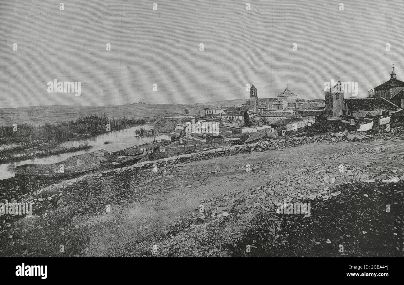 Spagna, Castiglia e Leon, provincia di Salamanca, Alba de Tormes. Panoramica della città. Incisione. La Ilustración Española y americana, 8 ottobre 1882. Foto Stock