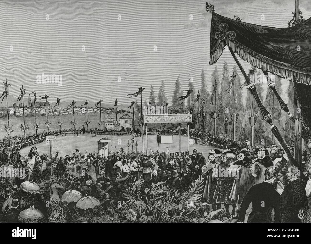 Spagna, Aragona, Huesca. Linea ferroviaria Huesca-Jaca. Inaugurazione della ferrovia di Canfranc. Cerimonia di posa della prima pietra alla presenza del Re Alfonso XII (1857-1885). Disegno di Juan Comba. Incisione di Eugenio vela. La Ilustracion Española y americana, 8 novembre 1882. Foto Stock