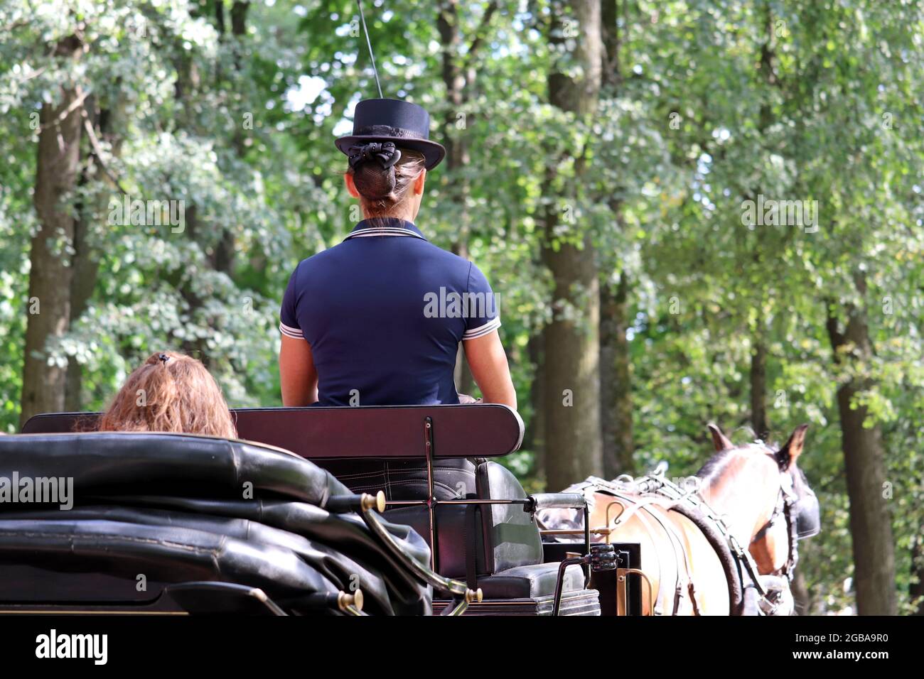 Cabman ragazza porta un passeggero in una carrozza a cavallo nel parco estivo. Viaggi e trasporti nei secoli passati Foto Stock