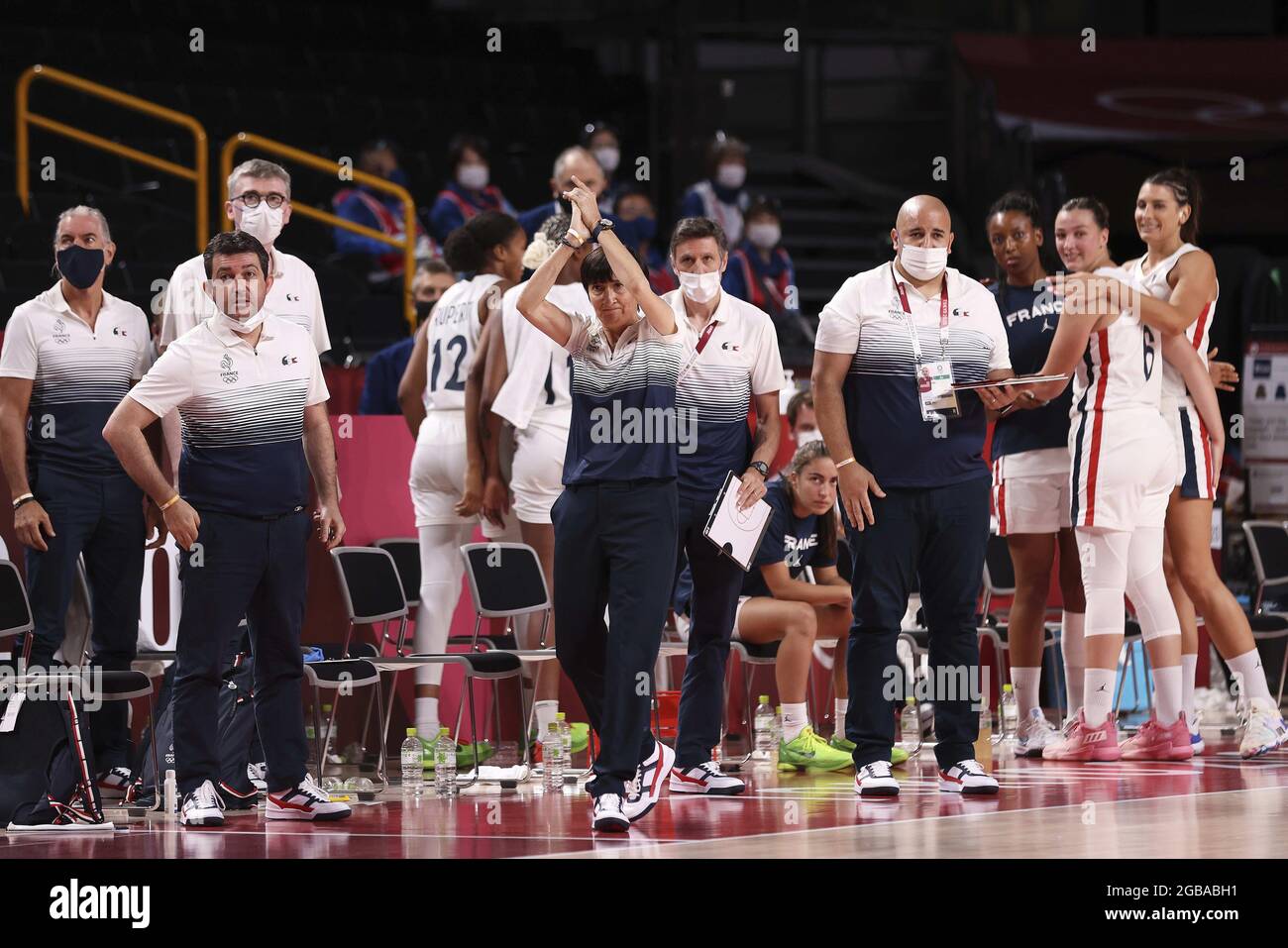 Valerie GARNIER (C) della Francia e della squadra francese durante i Giochi Olimpici Tokyo 2020, Pallacanestro Preliminary Round femminile Gruppo B tra Francia e USA il 2 agosto 2021 alla Saitama Super Arena di Tokyo, Giappone - Foto Ann-Dee Lamour / CDP MEDIA / DPPI Foto Stock