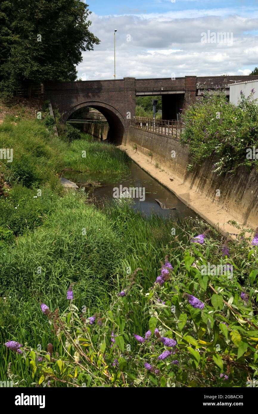Il fiume Cherwell vicino alla stazione ferroviaria di Banbury, Oxfordshire, Inghilterra, Regno Unito Foto Stock
