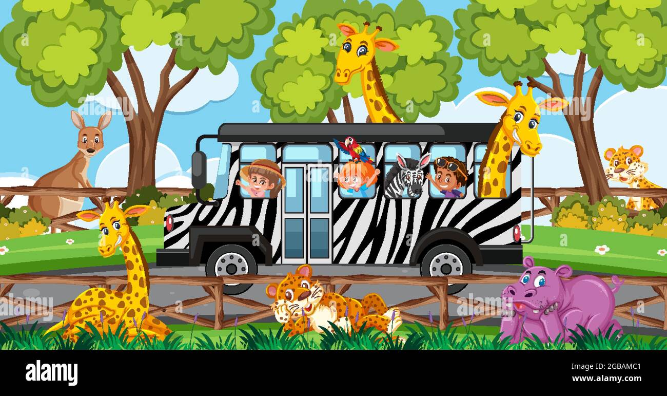 Safari scena con i bambini in auto turistica guardando gli animali illustrazione Illustrazione Vettoriale