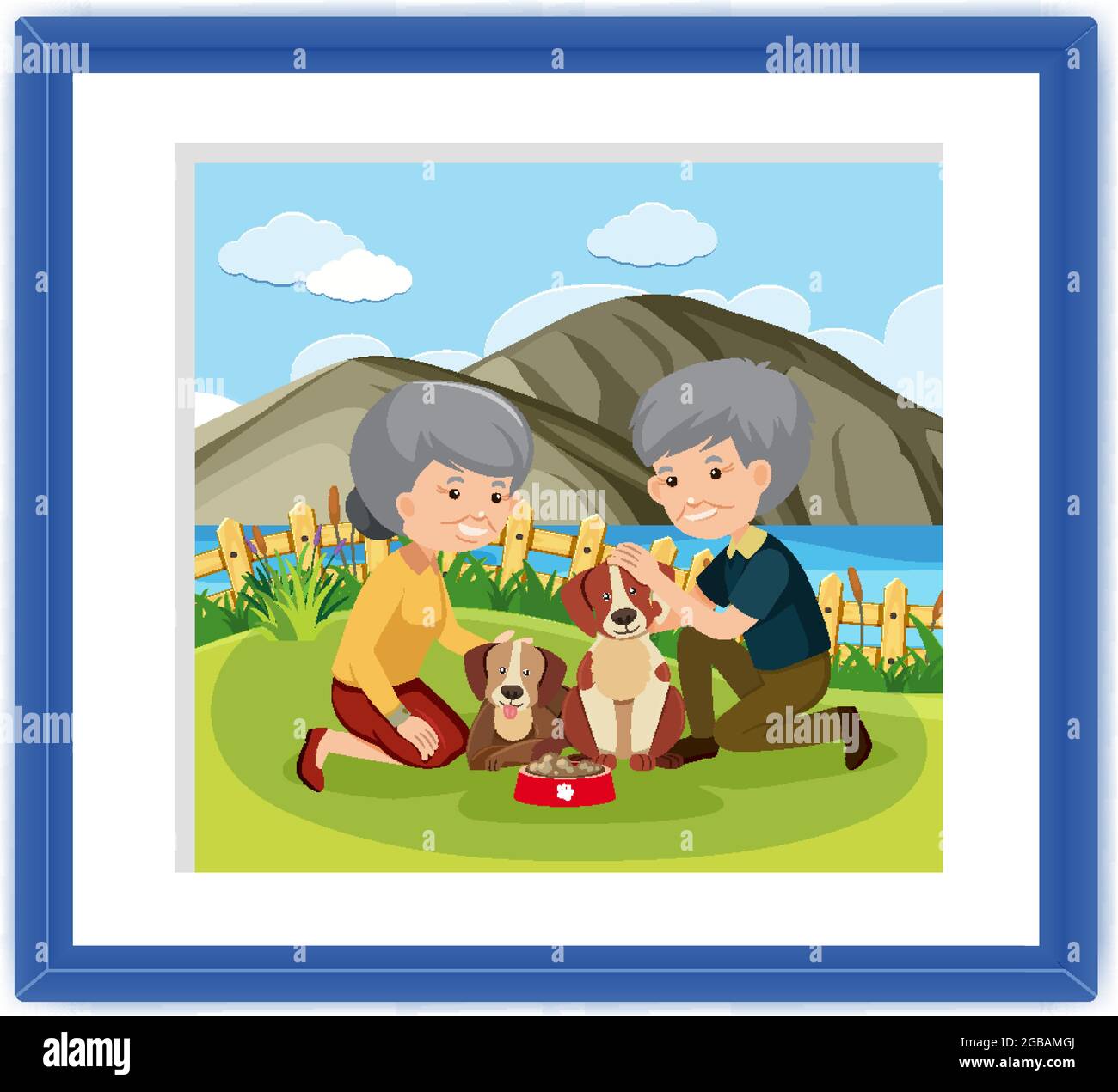 Un quadro con la vecchia coppia che gioca la loro illustrazione del cane Illustrazione Vettoriale