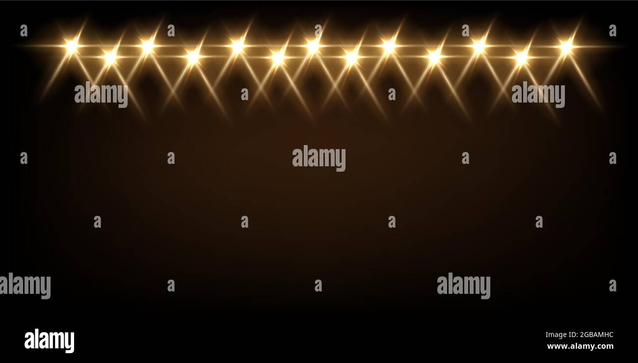 Luce gialla dai proiettori su sfondo nero. Faretto con effetto fascio sull'illustrazione vettoriale della tavola. Astratto luminosa discoteca a festa o en Illustrazione Vettoriale