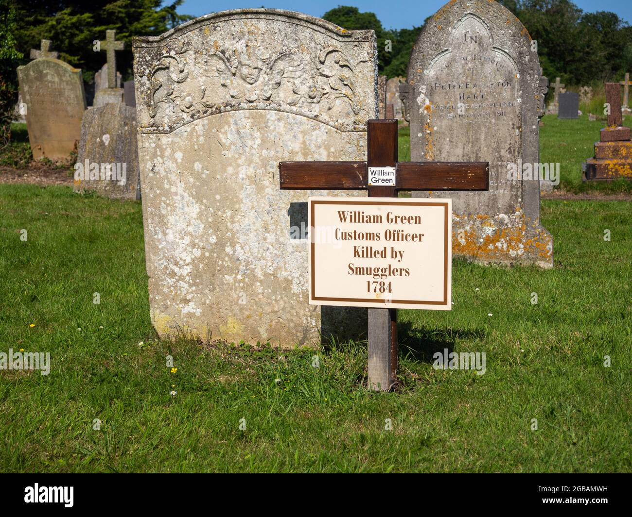 Segno per la lapide di William Green, ufficiale doganale ucciso da contrabbandieri, 1784 St Marys Church, Old Hunstanton, Norfolk, UK Foto Stock