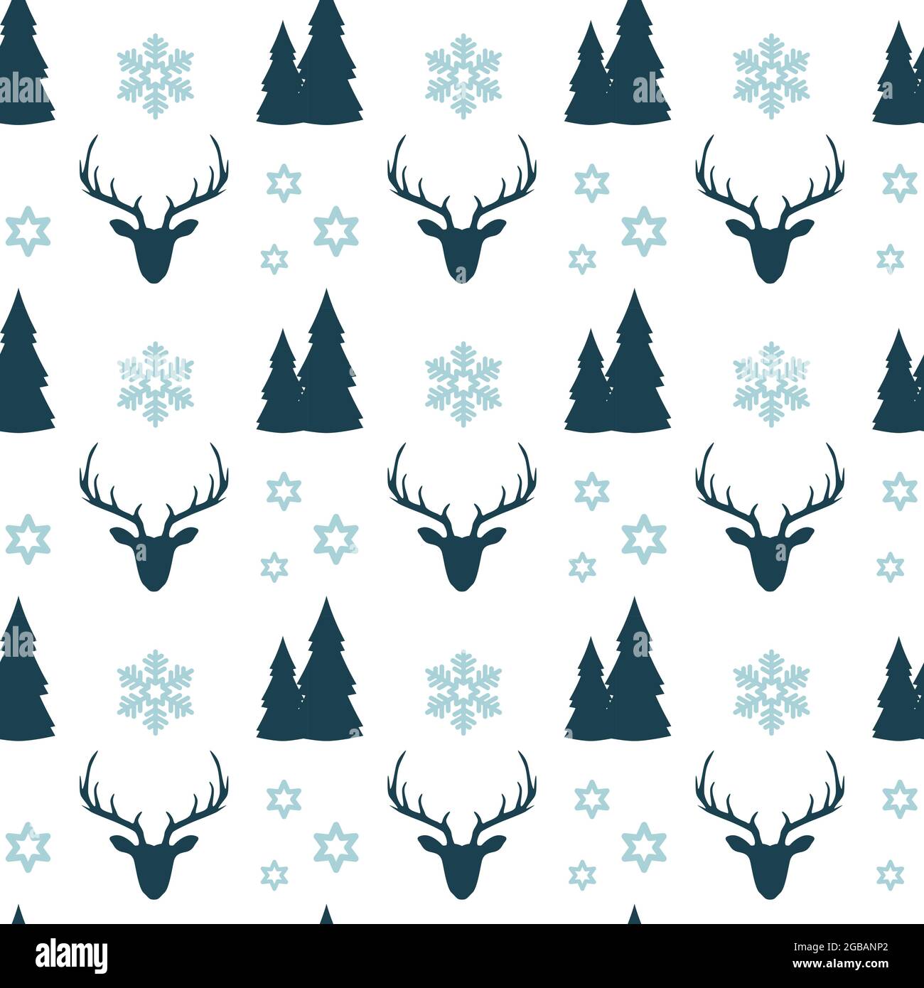 Natale senza cuciture motivo con cervi blu, case, abeti, fiocchi di neve e stelle su sfondo bianco. Sfondo nuovo anno. Illustrazione Vettoriale