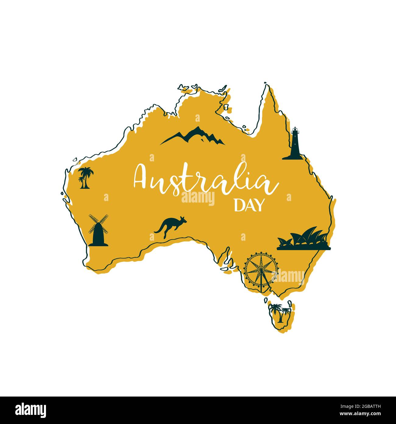 Mappa stilizzata dell'Australia con i principali simboli australiani Kanguroo, Sydney Opera House, ruota panoramica, Light House, palme e montagne. Vettore illustrati Illustrazione Vettoriale