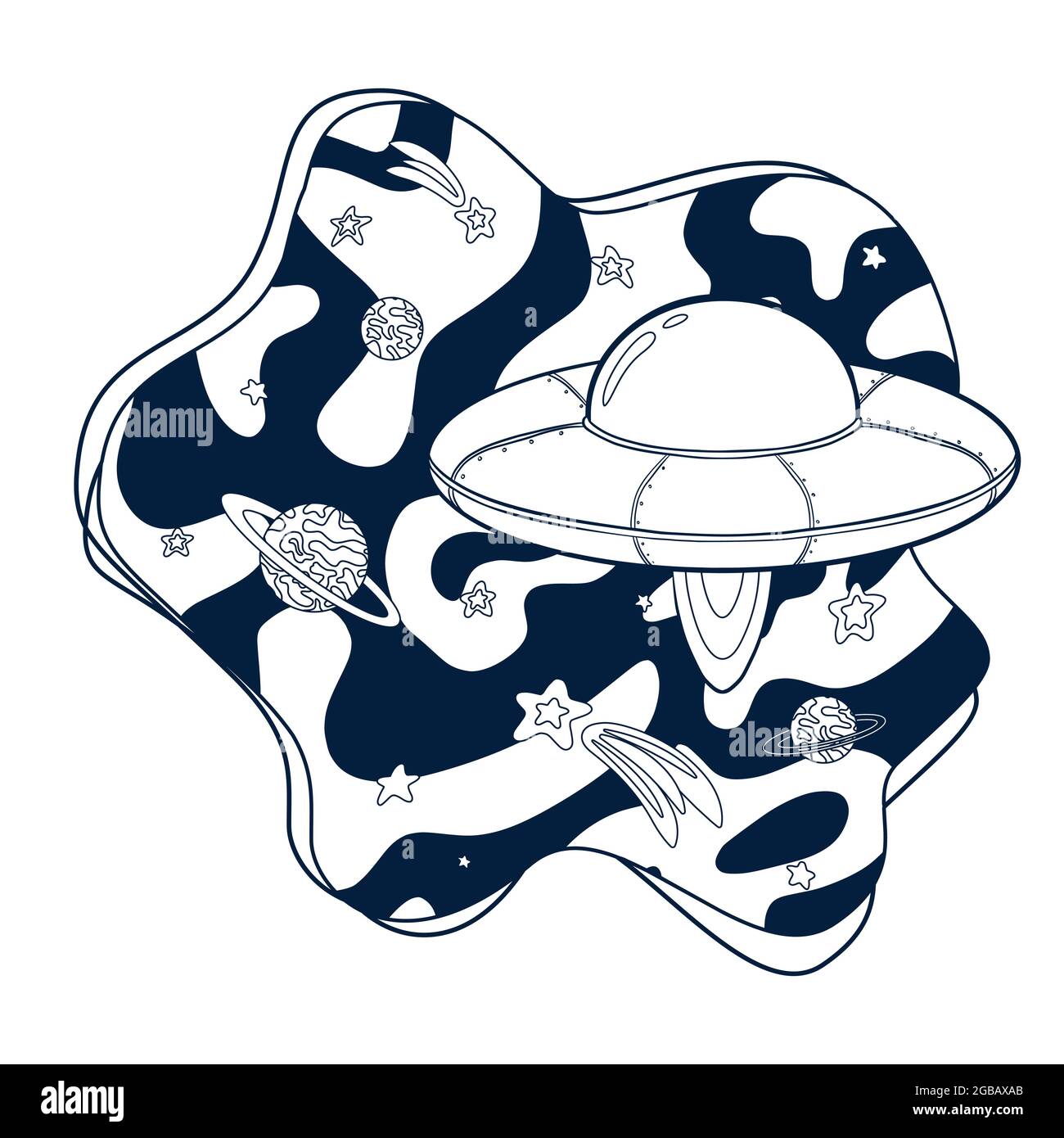 UFO Cartoon in pagina colorazione spazio. Disegno di linea Flying Saucer e stelle. UFO illustrazione per libro da colorare, logo, stampa, arredamento per vivai, Sticker, Scheda Illustrazione Vettoriale