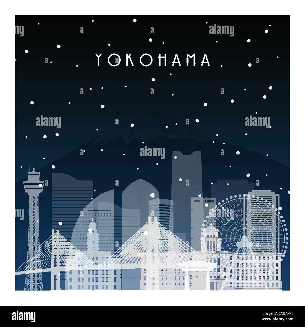 Notte invernale a Yokohama. Notte città in stile piatto per banner, poster, illustrazione, sfondo. Illustrazione Vettoriale