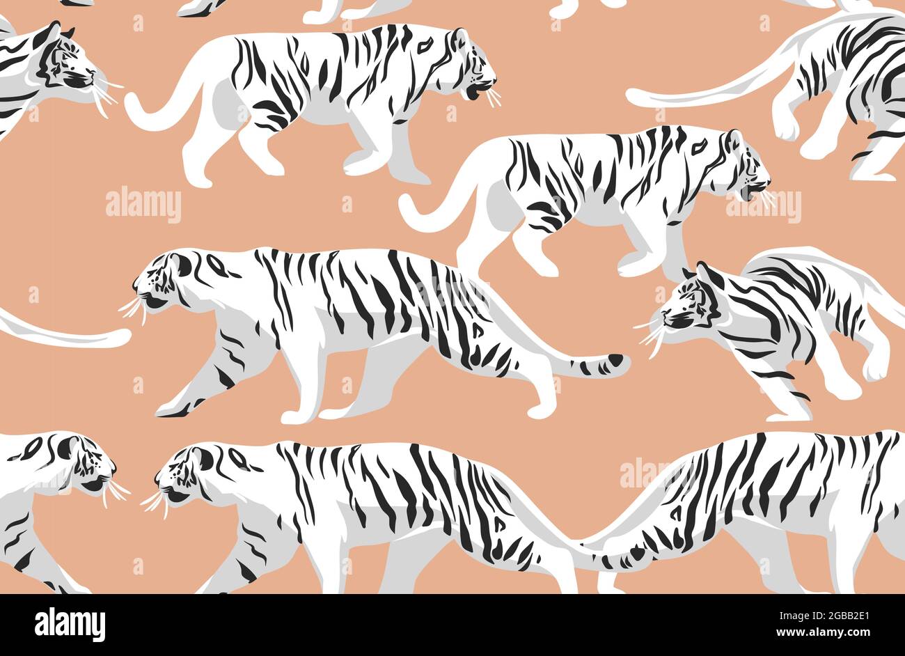 Stock astratto vettoriale disegnato a mano illustrazioni grafiche moderne, safari bohémien contemporaneo stampa senza giunture con esotici animali selvatici tigri Illustrazione Vettoriale