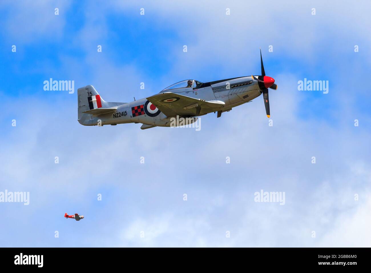 Un P-51 Mustang, un aereo da combattimento della seconda guerra mondiale, nel cielo ad un airshow. E' dipinta con le marcature dell'Aeronautica della Nuova Zelanda reale Foto Stock