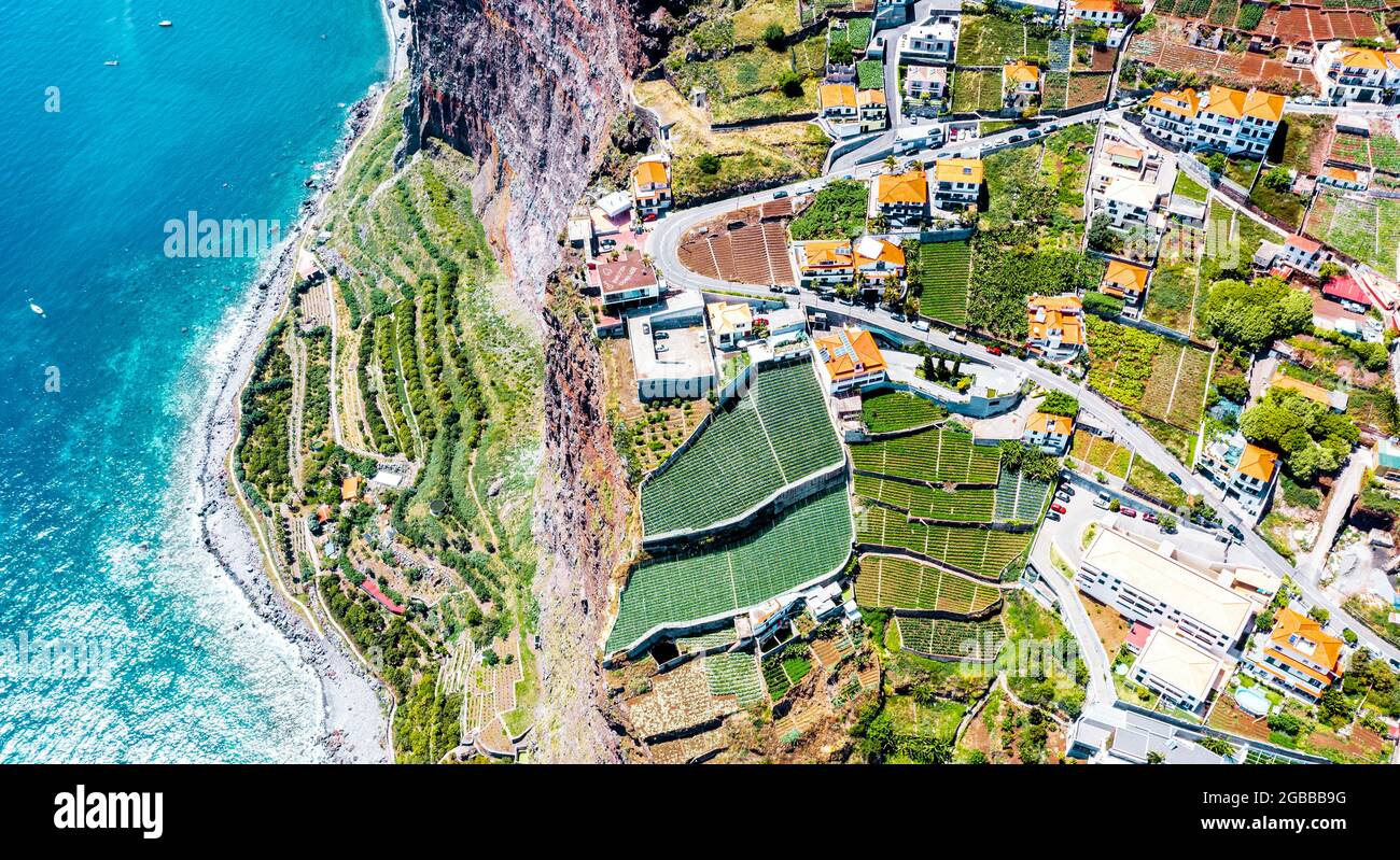 Campi verdi terrazzati dall'alto dell'oceano turchese, Camara de Lobos, isola di Madeira, Portogallo, Atlantico, Europa Foto Stock