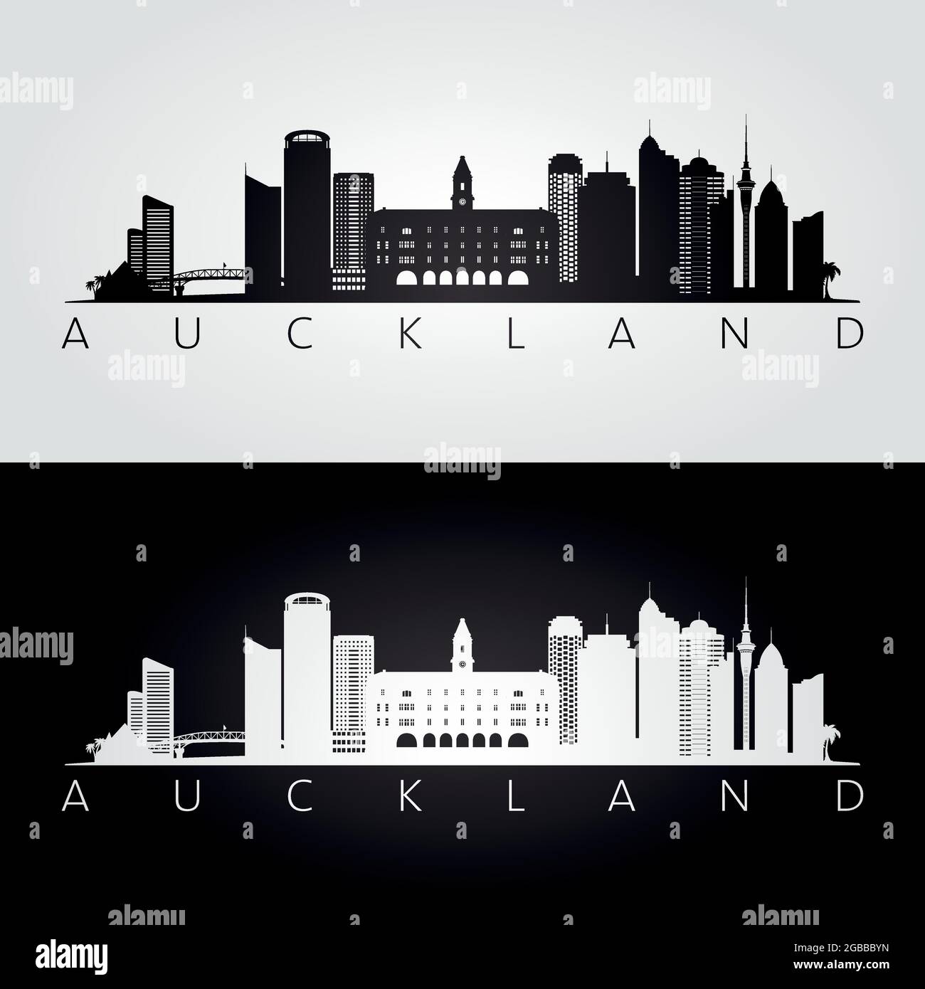 Profilo dello skyline di Auckland e dei punti di riferimento, design in bianco e nero, illustrazione vettoriale. Illustrazione Vettoriale