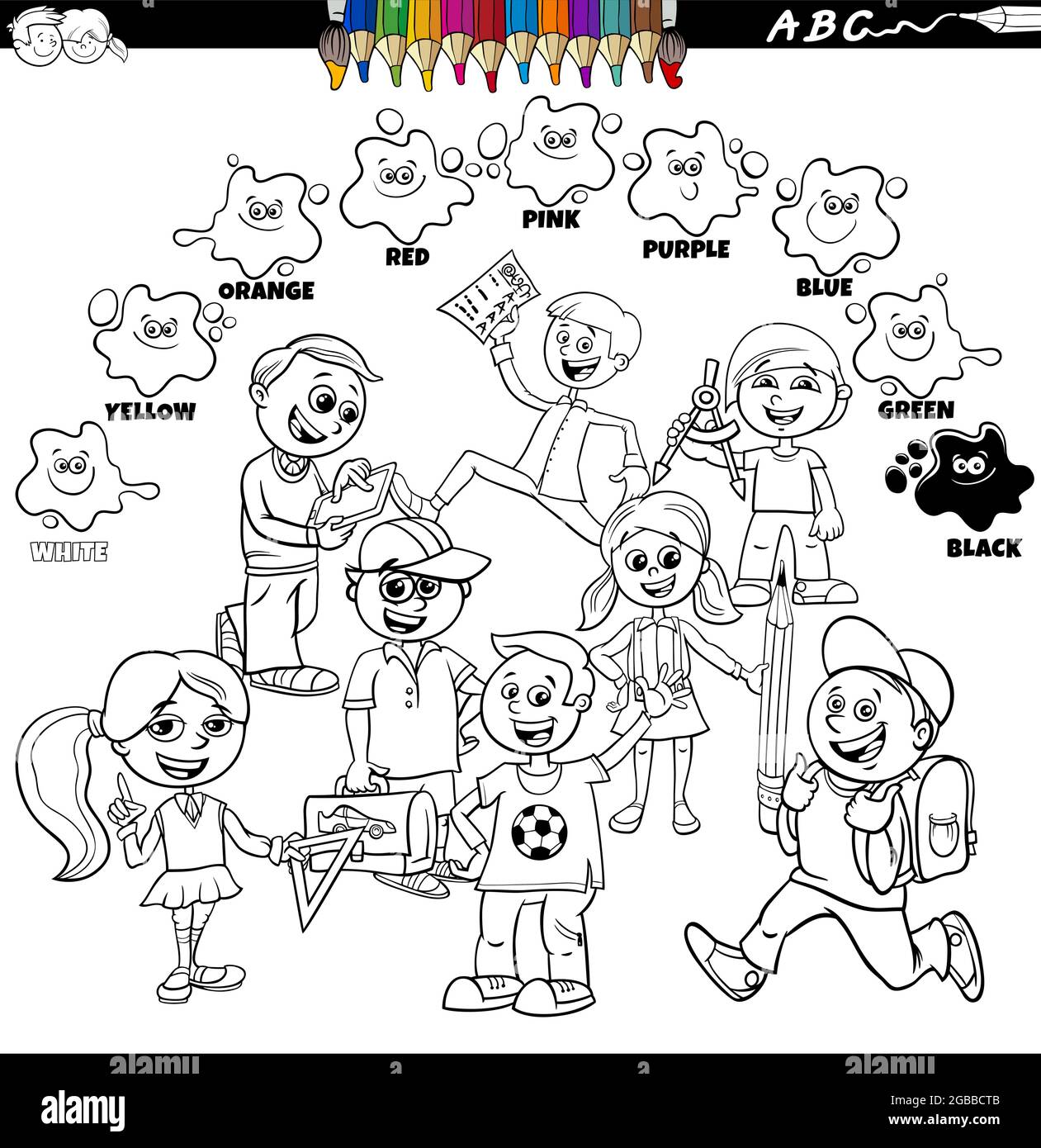 Cartoni animati educativi in bianco e nero illustrazione dei colori di base con bambini alunni gruppo colorazione pagina libro Illustrazione Vettoriale