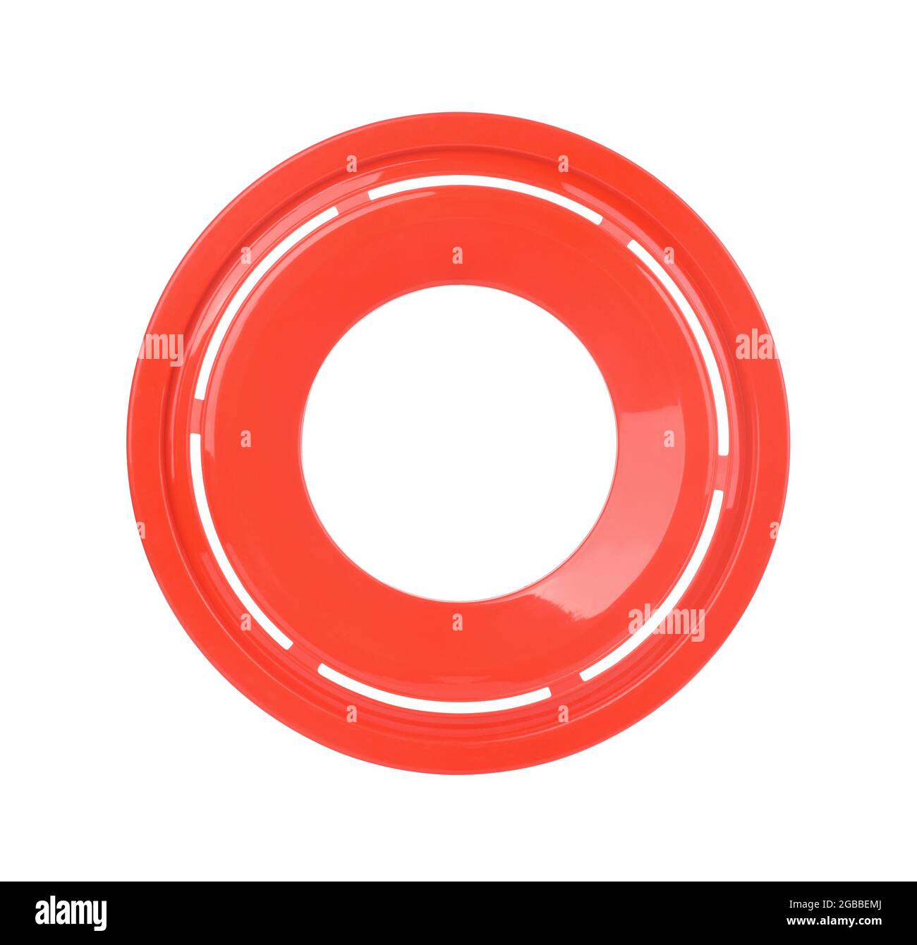 Vista dall'alto del disco volante in plastica rossa del frisbee isolato su bianco Foto Stock