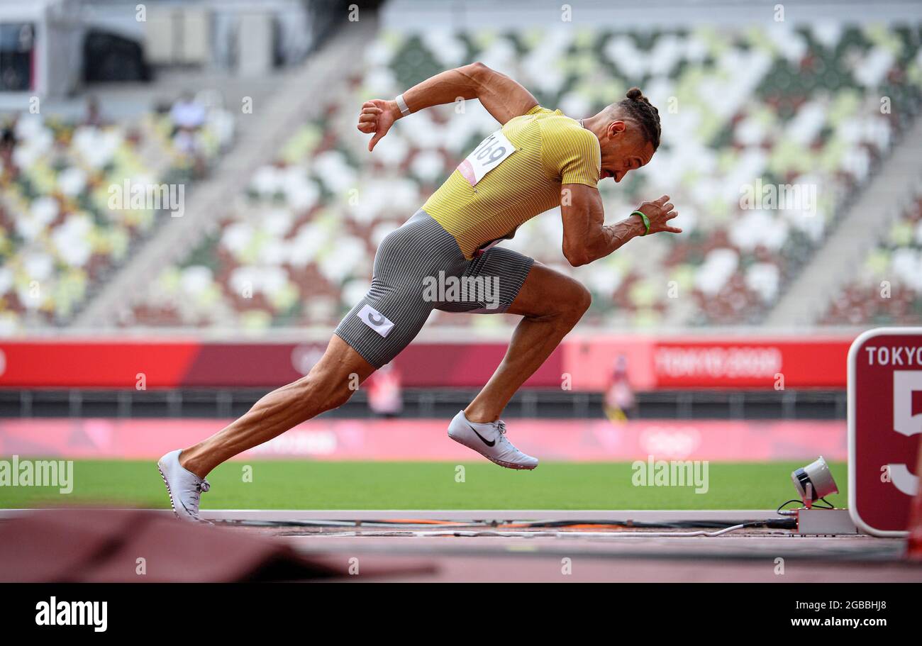 Steven MUELLER, Muller, MÃ¼ller, (GER), azione, Atletica 200m Sprint degli uomini, 100m di menâ, il 3 agosto 2021 Giochi Olimpici estivi 2020, dal 23 luglio. - 08.08.2021 a Tokyo/Giappone. Foto Stock