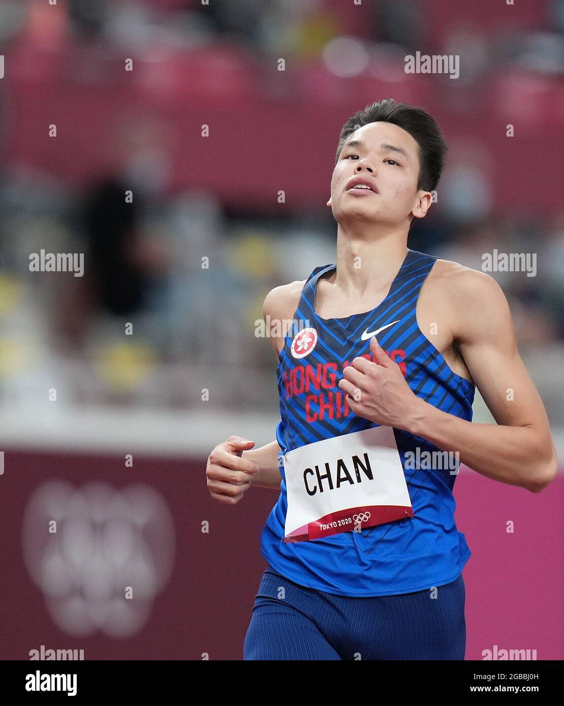 Tokyo, Giappone. 3 agosto 2021. Chan Chung Wang di Hong Kong, Cina compete durante il caldo degli Hurdles da 110 m uomini ai Giochi Olimpici di Tokyo 2020, Giappone, 3 agosto 2021. Credit: Lui Siu Wai/Xinhua/Alamy Live News Foto Stock