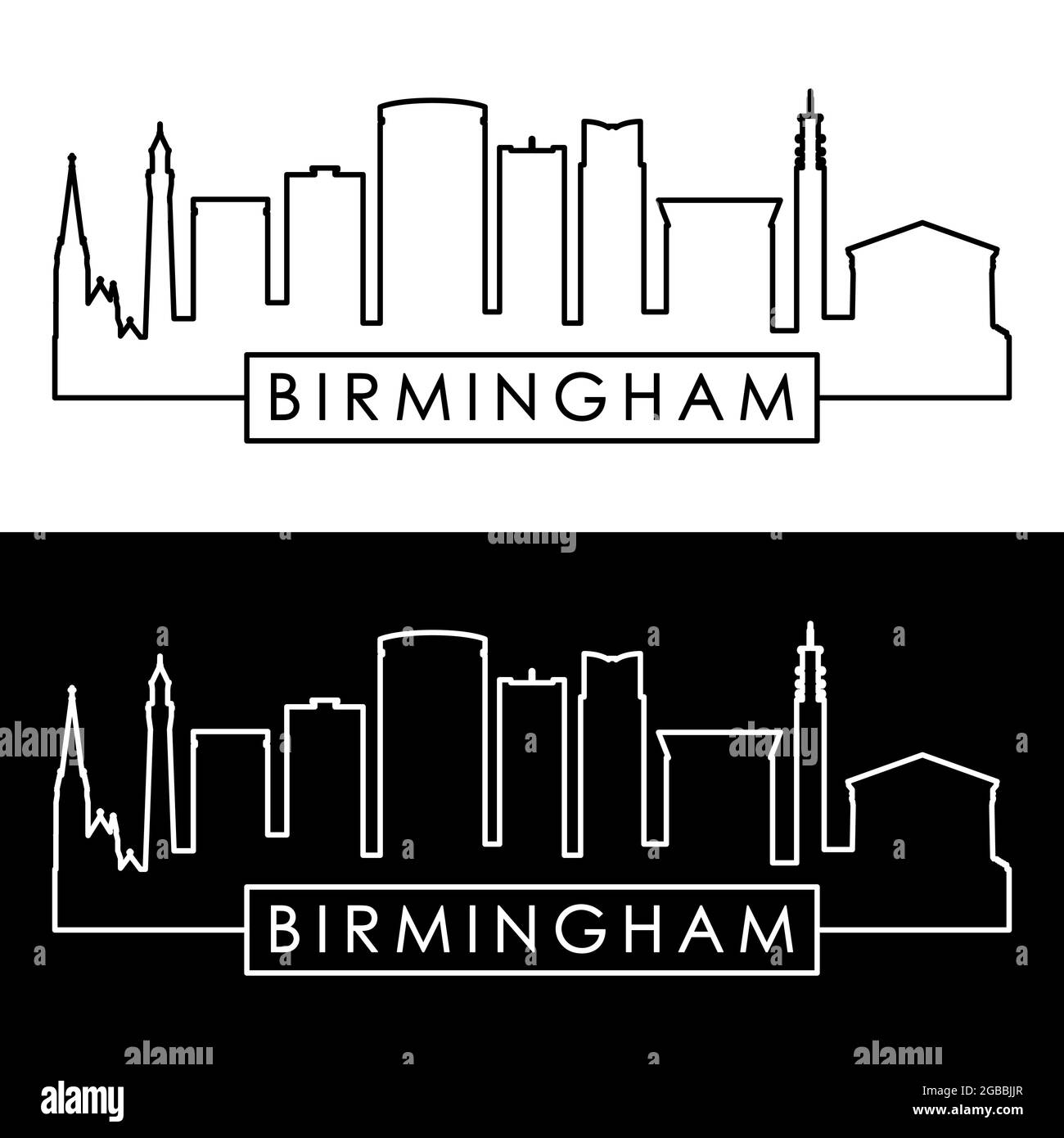 Skyline di Birmingham. Stile lineare. File vettoriale modificabile. Illustrazione Vettoriale