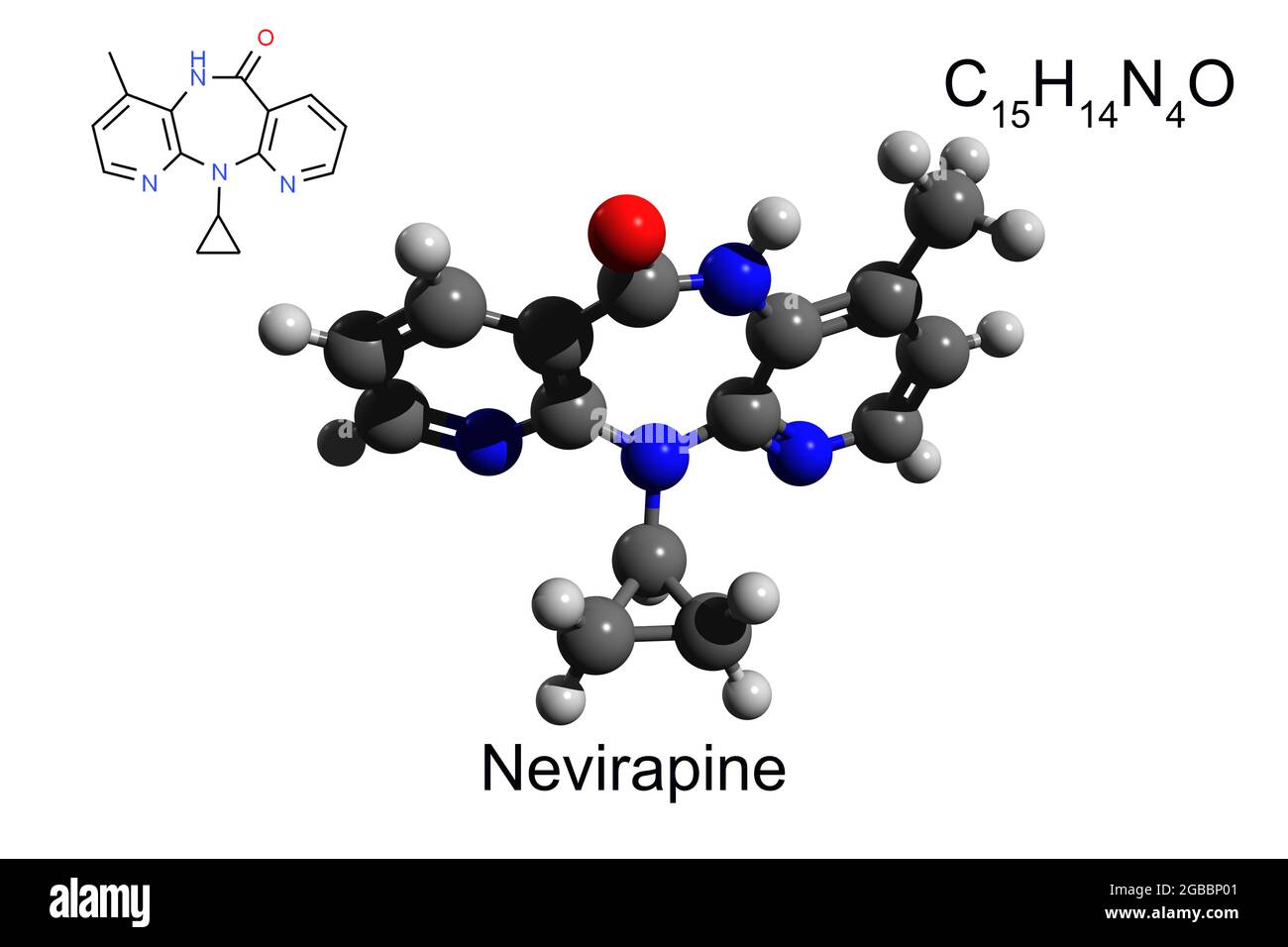 Formula chimica, formula strutturale e modello 3D a sfera e bastone di nevirapina farmaco antivirale, fondo bianco Foto Stock