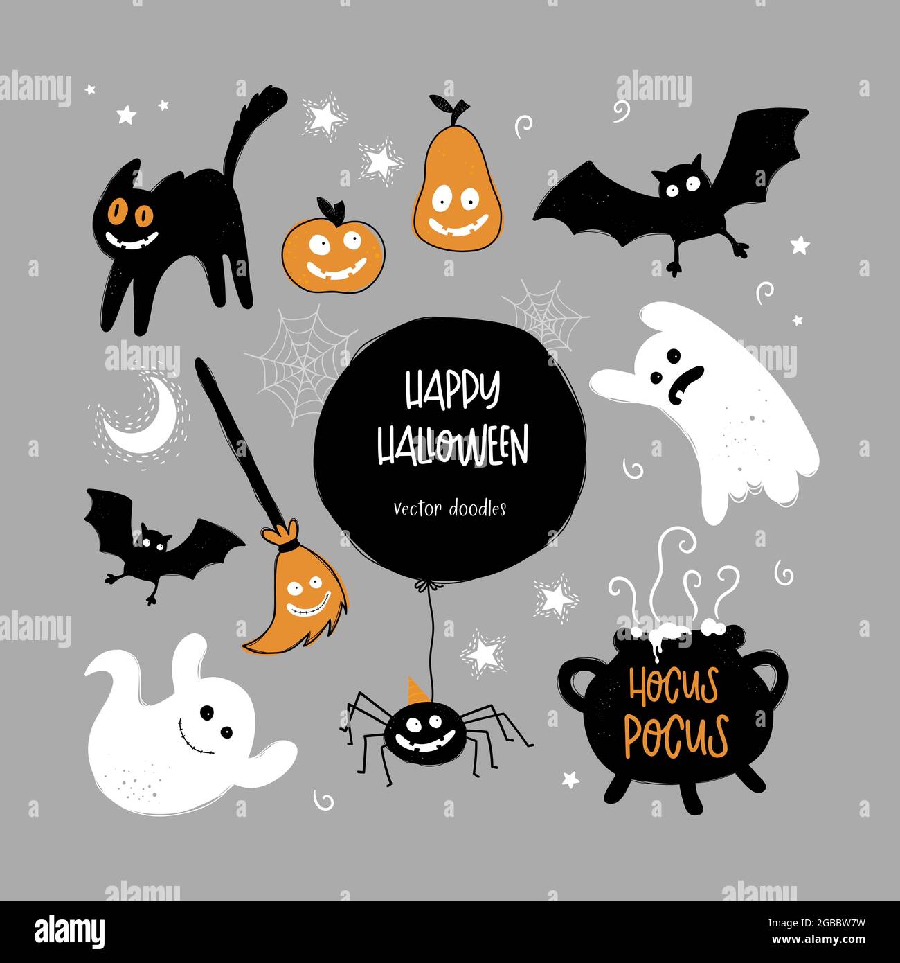 Carino disegno di Halloween disegnato a mano, personaggi e decorazioni spooky, elementi vettoriali. Illustrazione Vettoriale