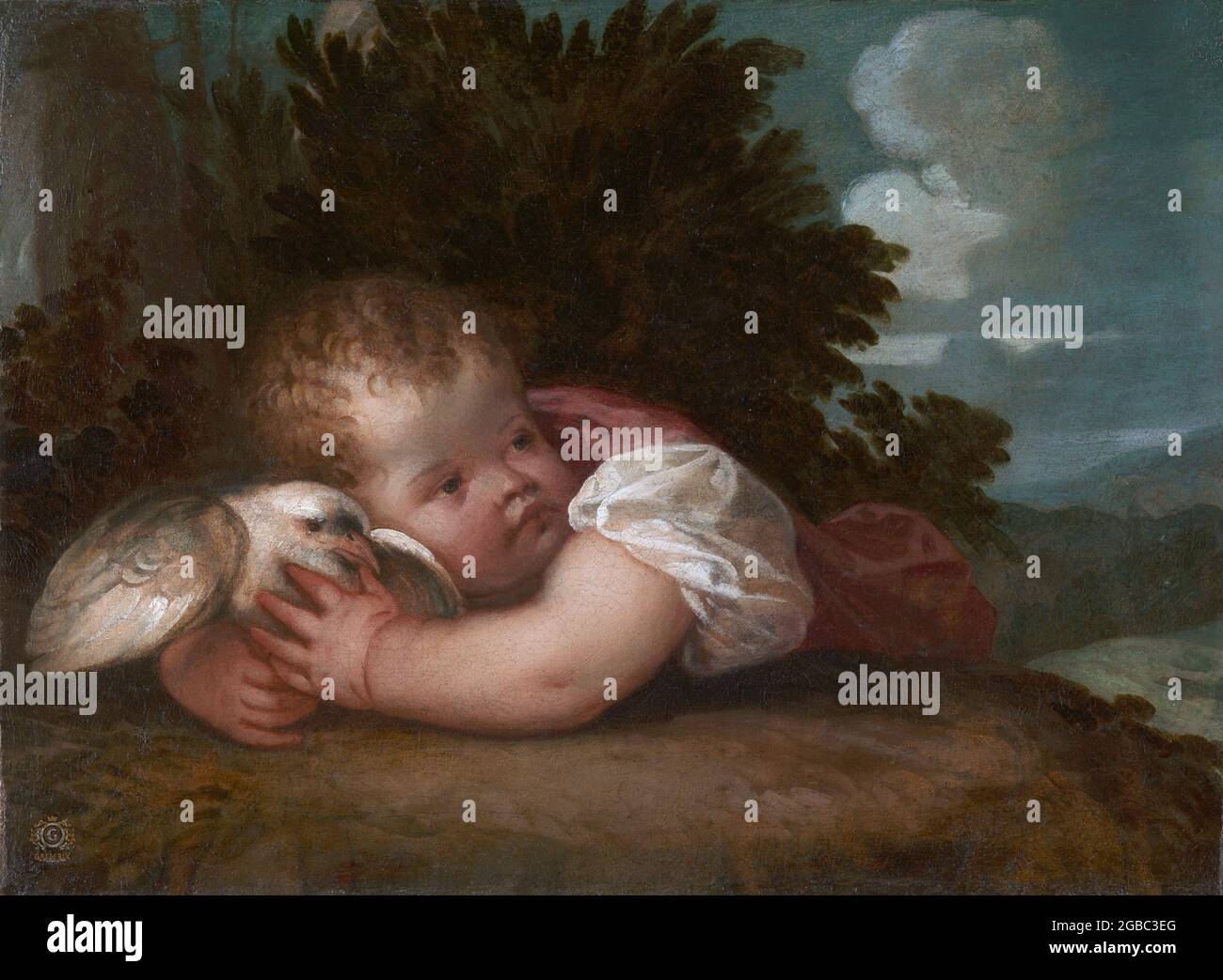 Titolo: Un ragazzo con un uccello Creatore: Tiziano - Tiziano Vecellio Data: c. 1520s Medio: Olio su tela dimensioni: 34.9 x 48.9 cm Ubicazione: La Galleria Nazionale, Londra Foto Stock