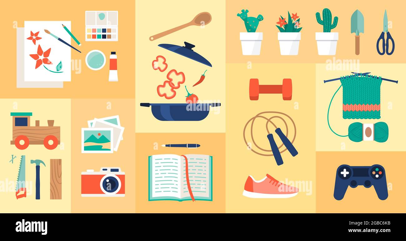 Idee creative di hobby e attività ricreative che potete fare a casa, le icone insieme Illustrazione Vettoriale