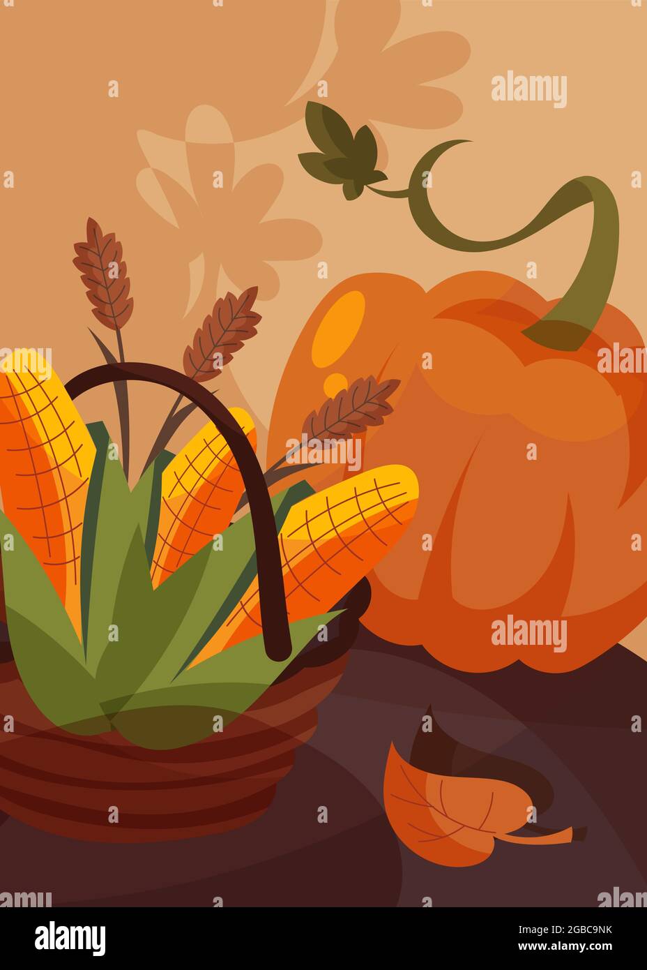 Poster con cesto di mais e zucca. Giorno di ringraziamento cartolina design in stile cartoon. Illustrazione Vettoriale