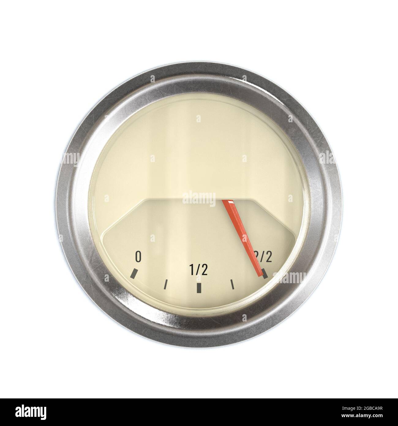 Un indicatore di gas cromato con l'ago che indica serbatoio pieno su uno sfondo bianco isolato - rendering 3D Foto Stock