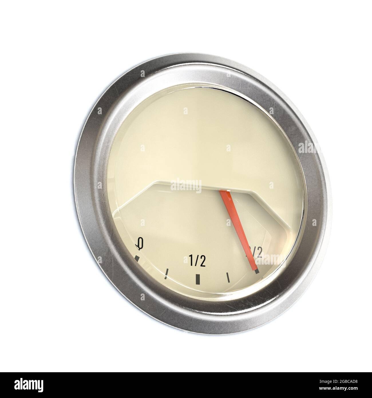 Un indicatore di gas cromato con l'ago che indica serbatoio pieno su uno sfondo bianco isolato - rendering 3D Foto Stock