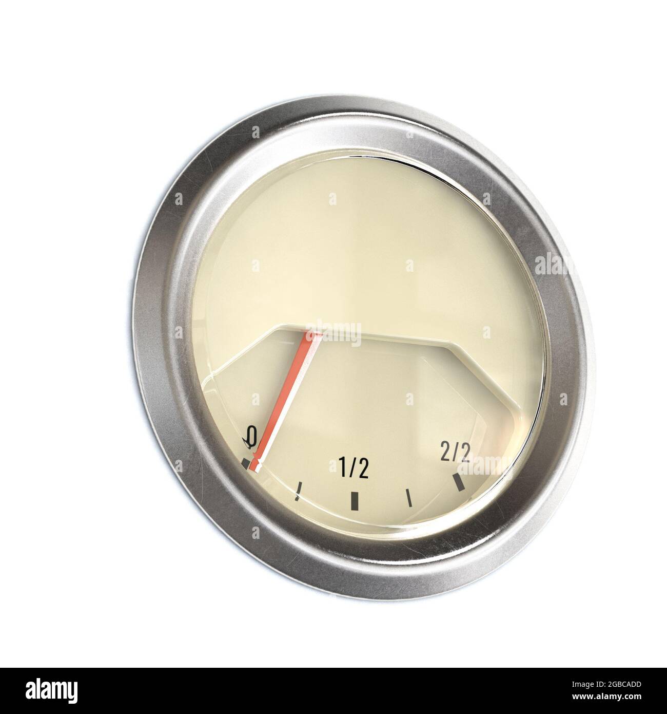 Un indicatore di gas cromato con l'ago che indica che il serbatoio è vuoto su uno sfondo bianco isolato - rendering 3D Foto Stock