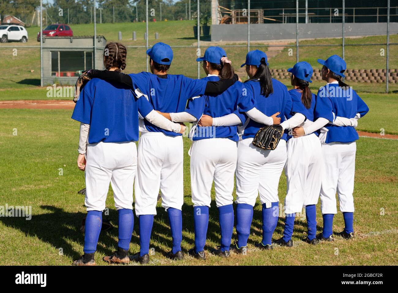 Gruppo vario di giocatori femminili di baseball che si levano in piedi sul campo con le armi intorno l'un l'altro prima della partita Foto Stock